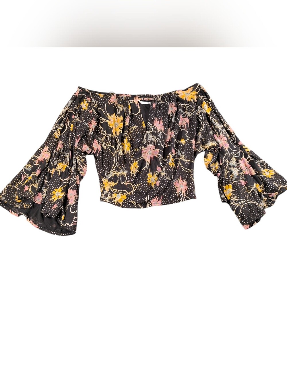 Free People Last Time Draped Bell Sleeve Floral Boho Crop Top S